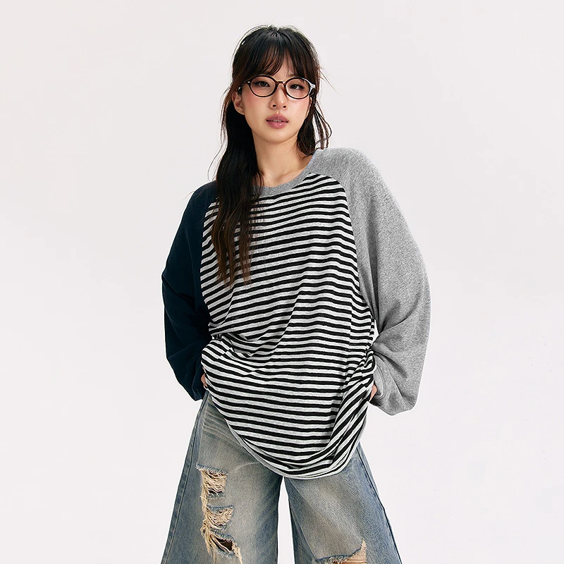 NO ONE ELSE美式复古女装秋季撞色拼接宽松长袖上衣插肩条纹T恤