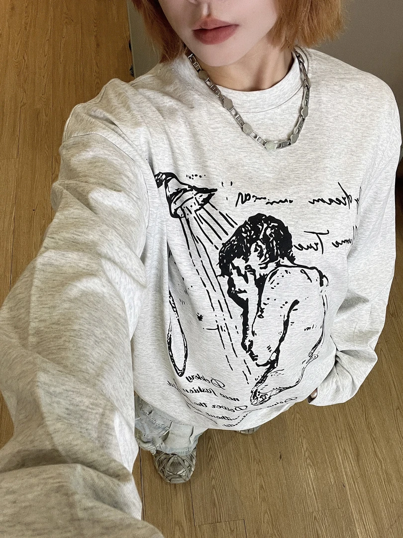 【夏浴】美式休闲设计感小领口宽松字母印花长袖T恤hiphop重磅