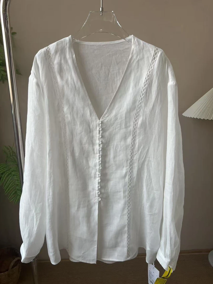 早春极简风衬衣衬衫拼接褶皱V领衬衣长袖时尚女装薄款圆领