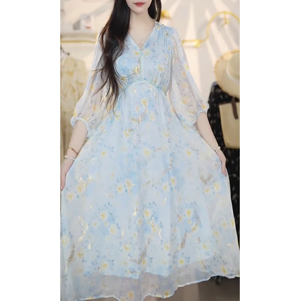 L5002连衣裙夏季2025新款高端精致法式碎花裙温柔时尚遮肉气质裙