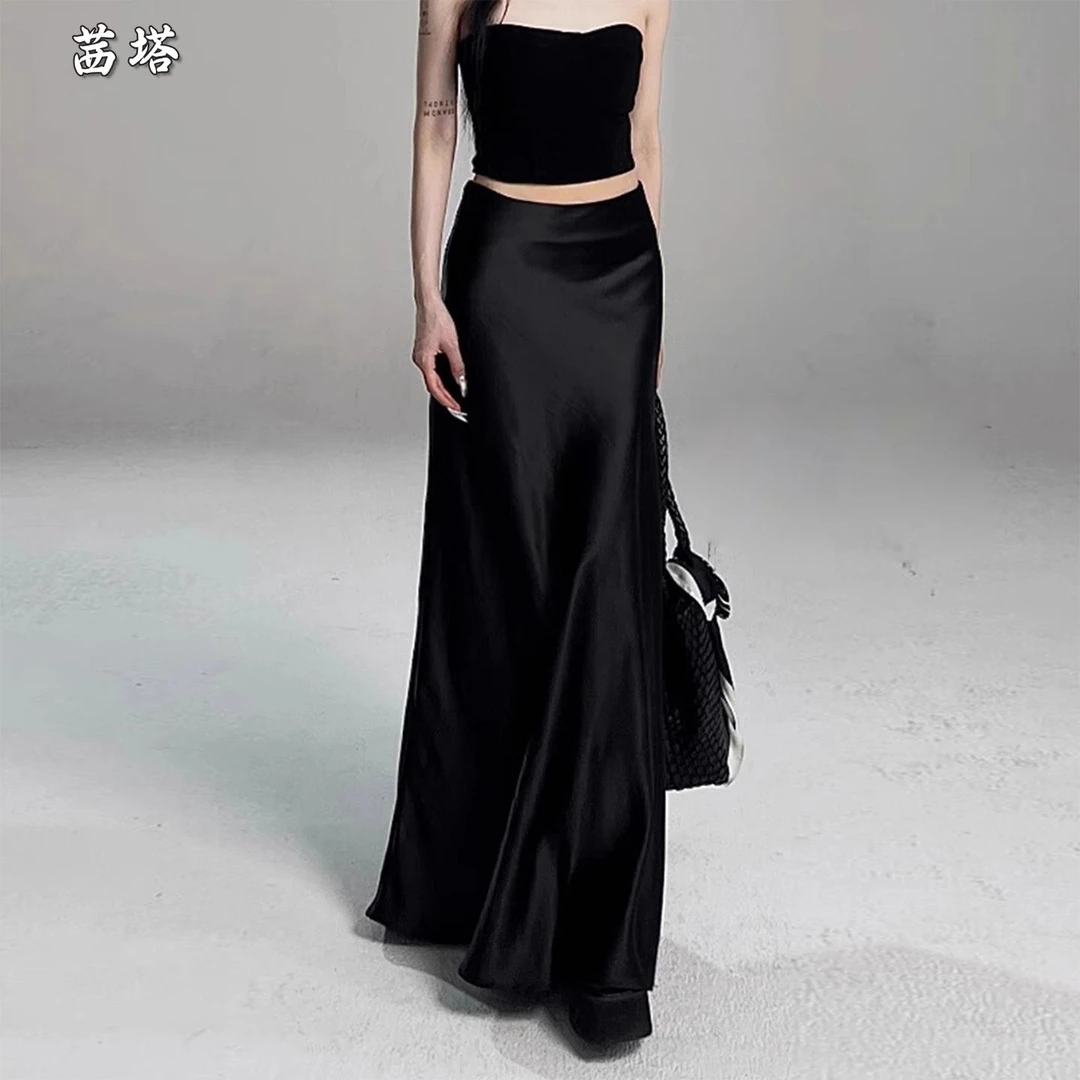 黑色醋酸缎面半身裙女夏季薄款大码胖mm松紧腰垂感a字包臀鱼尾裙