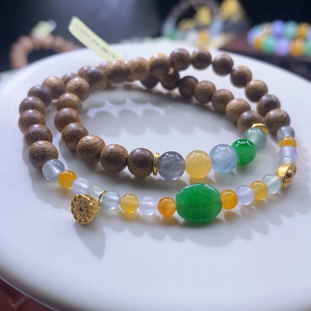 翡翠18K金镶嵌颈饰翡翠双圈手串（上新）