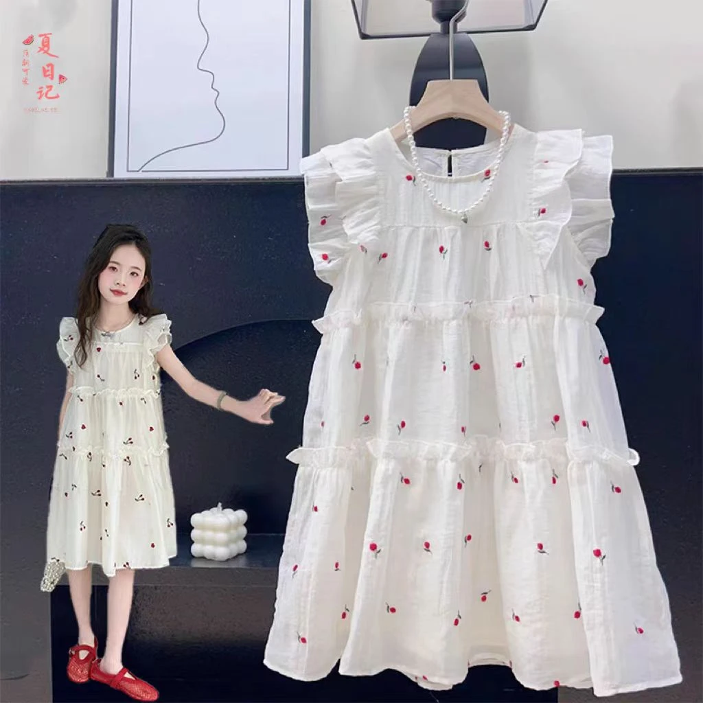 女童花边飞袖连衣裙2025新款中大童韩系甜美樱桃刺绣公主裙洋气潮