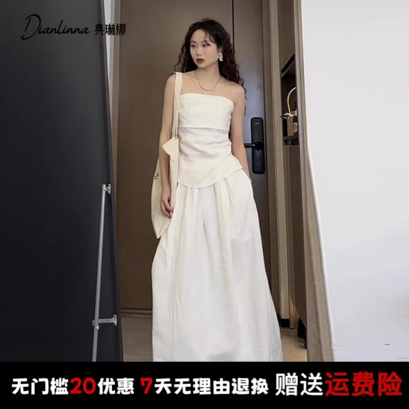 2025新款一字肩抹胸连衣裙子女夏季海边度假系带长裙时尚穿搭套装