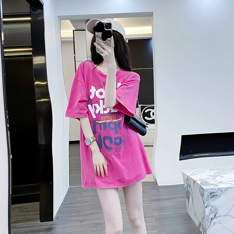 玫红色短袖女t恤纯棉宽松2025新款夏季LCOT中长款设计感半袖体恤