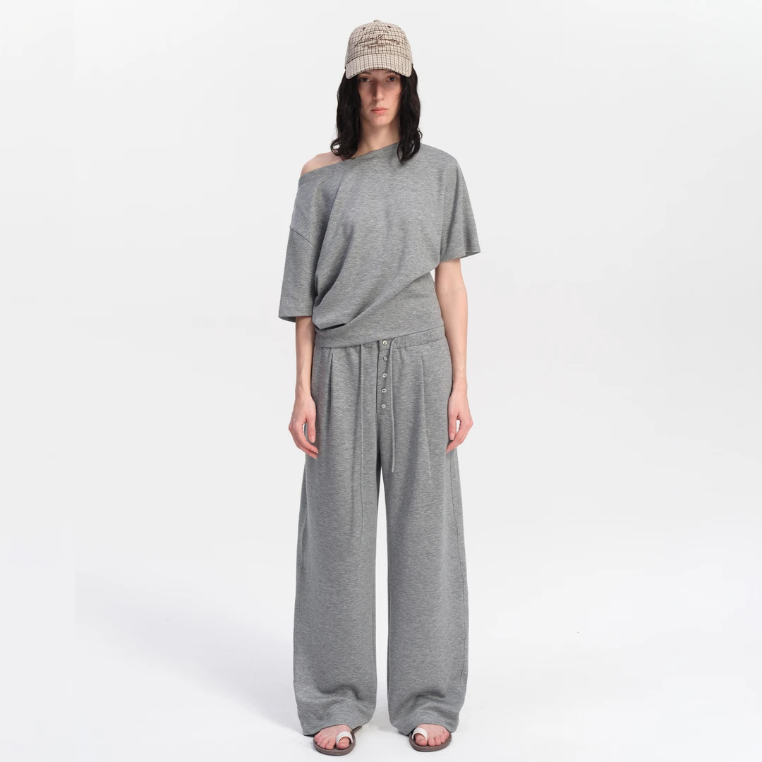 SMIIILE舒适宽松显瘦露肩斜肩上衣女士夏季灰色羊毛天丝短袖t恤