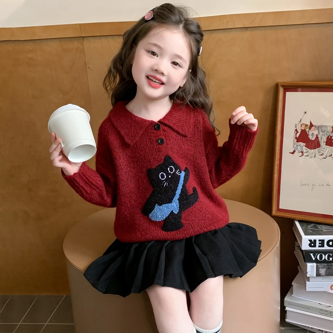 女小童秋款韩系猫咪毛衣2025新款儿童洋气小女孩时尚针织打底衫潮
