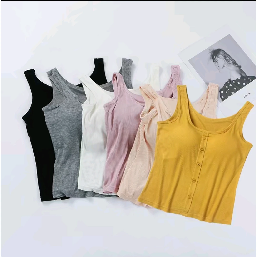 自带胸垫罗纹背心女无钢圈一体式修身纽扣夏季装饰无袖打底上衣
