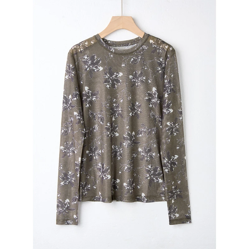 薄款长袖T袖衬衫罩衫印花网纱上衣女 PX2-238