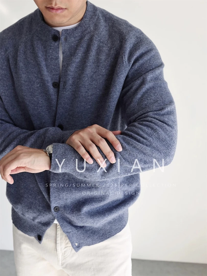YUXIAN意式100%羊毛蓬松粗纺圆领针织开衫休闲商务复古毛衣秋冬季