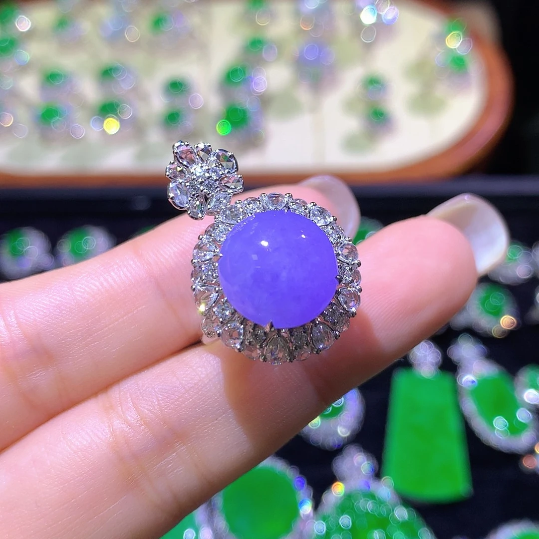 翡翠18K金镶嵌戒指高冰紫罗兰蛋面戒指吊坠