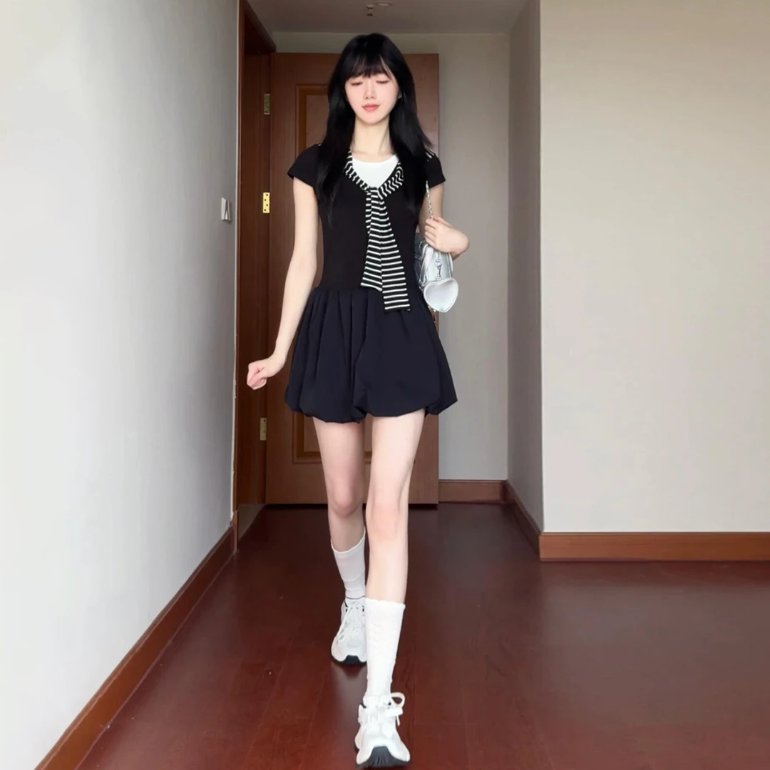 黑色假两件披肩短袖连衣裙女夏季2025新款韩系气质绝美花苞短裙子