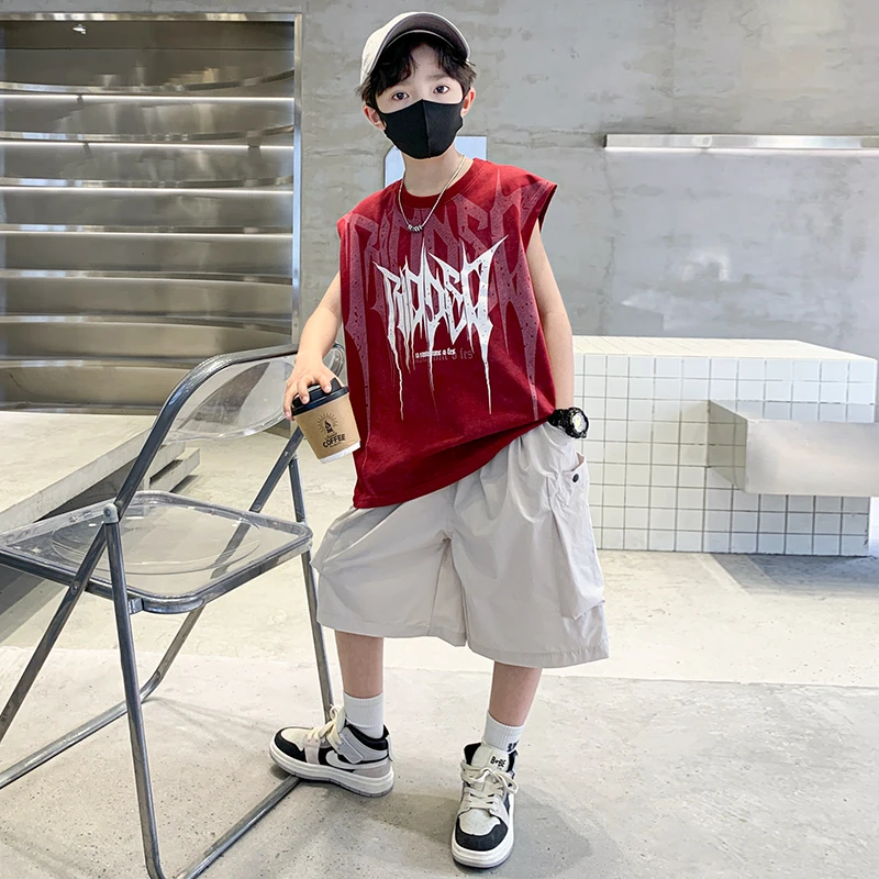 儿童装男童夏装无袖背心套装2025新款中大童夏季帅气两件套男孩潮