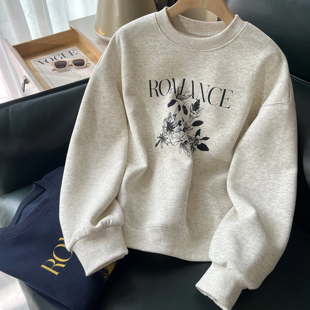 白色卫衣女2025新款爆款春秋款薄款美式复古无帽圆领套头宽松上衣