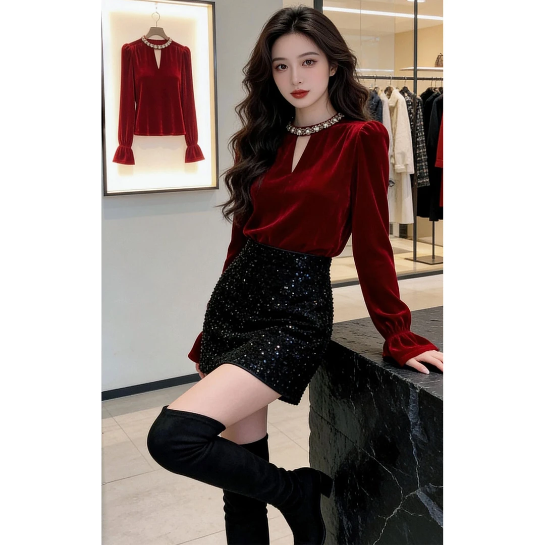 入冬漂亮穿搭套装女气质女神轻熟风红色上衣搭配短裙半身裙两件套