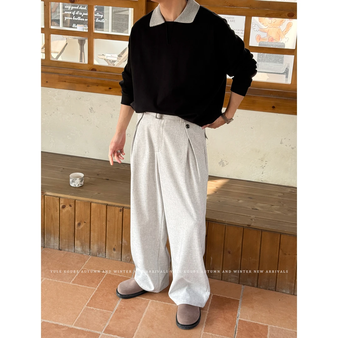 余乐「老钱风 亚麻混纺」秋季打褶腰带亚麻西裤男宽松A字阔腿长裤