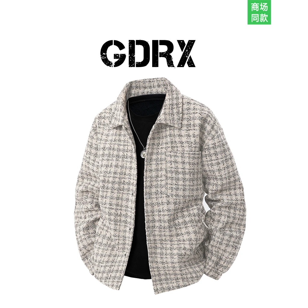 GDRX美式小香风夹克2025春季新款男士翻领格子时尚潮流百搭外套