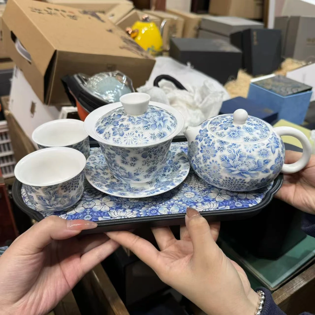 （胡子茶器）羊脂玉瓷掐丝万花茶壶盖碗套组  bb025