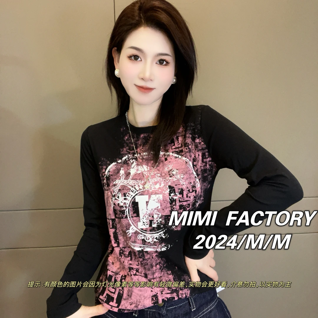 芈芈-2025新款长袖 欧货满印长袖T恤女修身显瘦休闲时尚百搭XCTQ