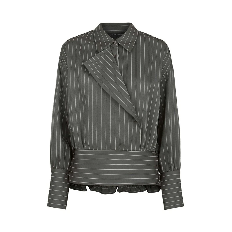 sdeer圣迪奥女装时尚休闲OL风翻领撞色条纹拼接长袖衬衫S24180511