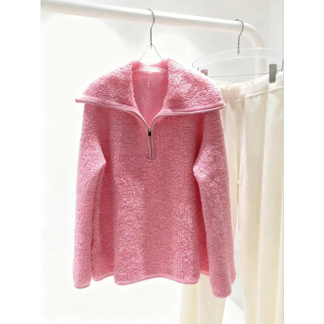 美爆了！墙裂推荐！美到心坎~粉色针织衫女半拉链翻领套头毛衣秋冬