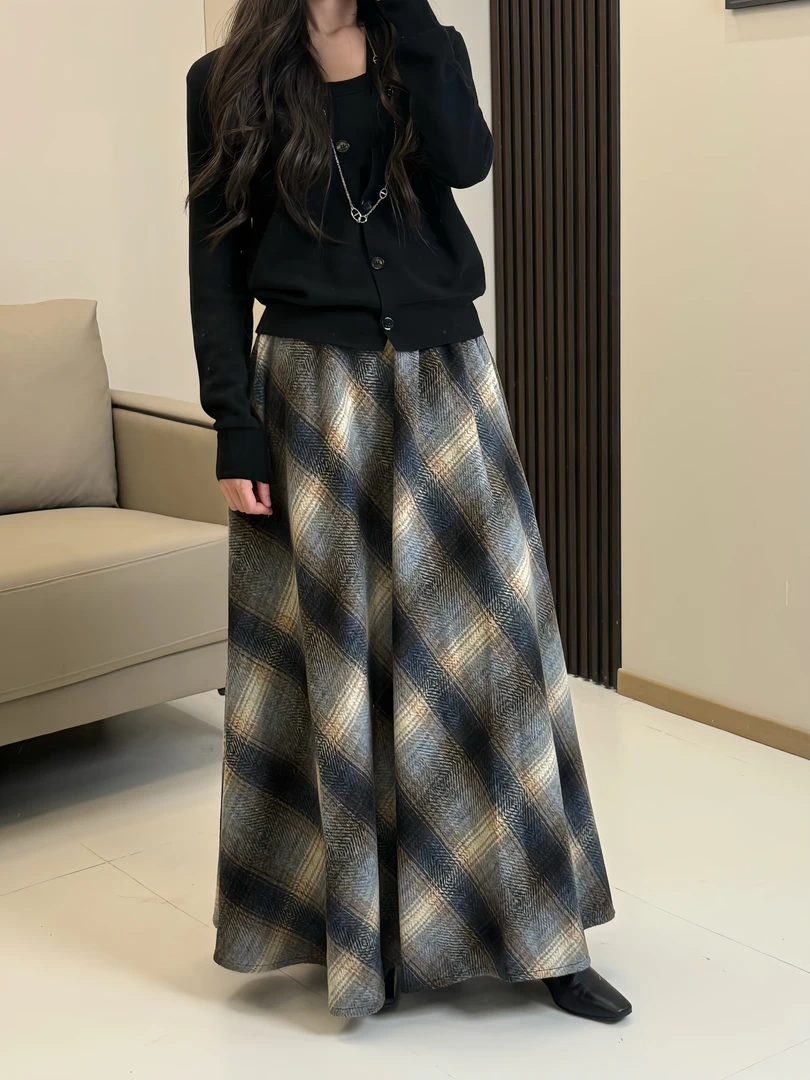 【丽】001大摆毛呢高腰格子复古百搭中长裙半身裙女2025秋冬新款