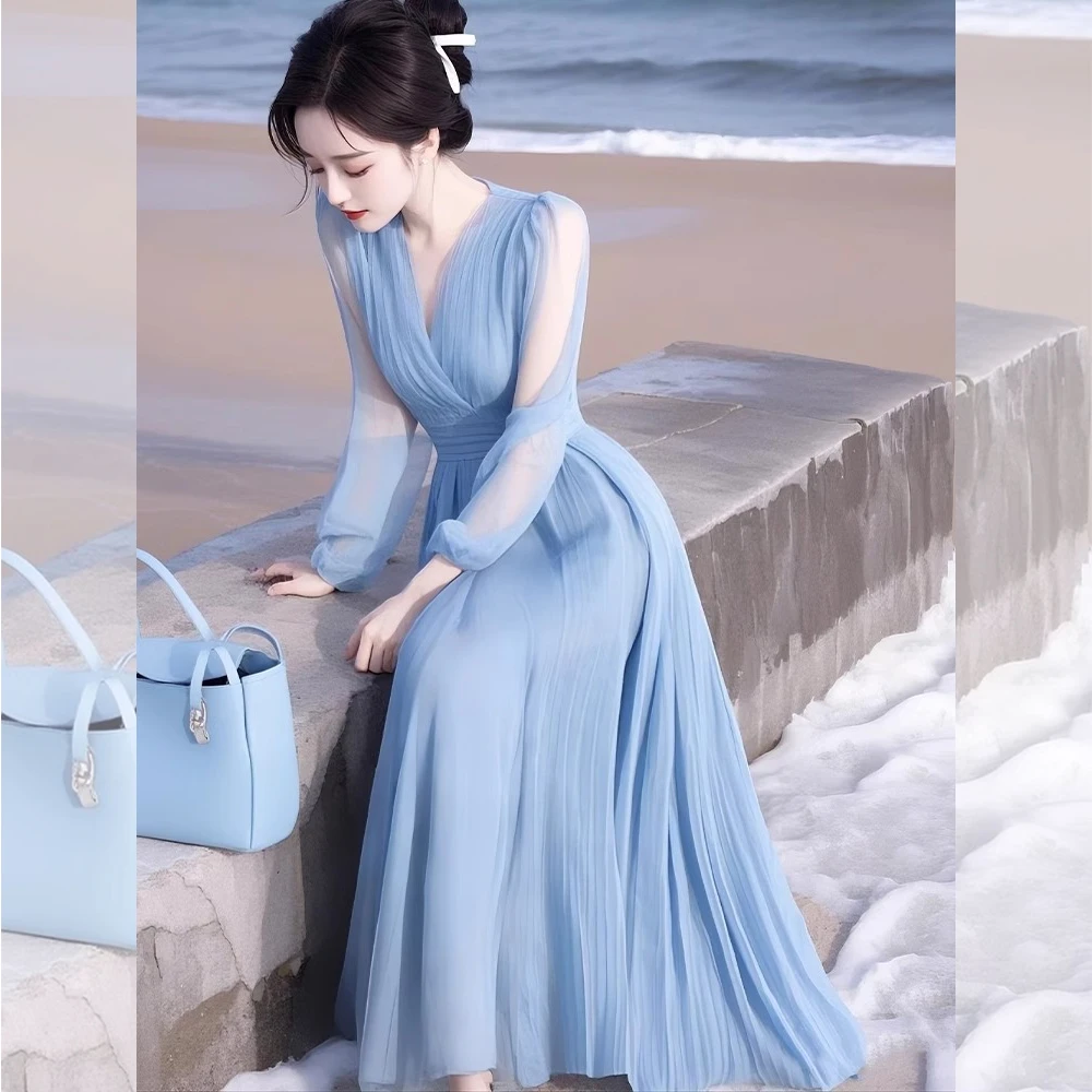 C101蓝色雪纺连衣裙女春季大码胖mm显瘦气质温柔度假风中长款裙子