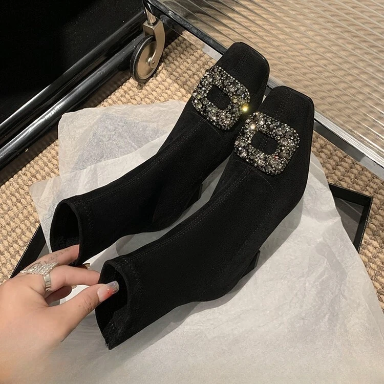 方头法式复黑色短靴粗中跟水钻弹力瘦瘦靴长靴女秋冬时尚百搭