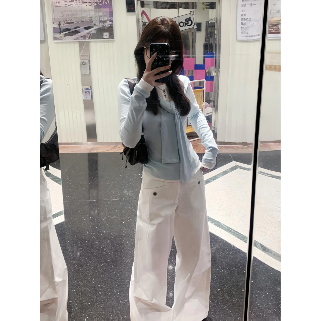 2025年早春新款薄荷绿上衣女慵懒风松弛感长袖T恤不规则小众设计