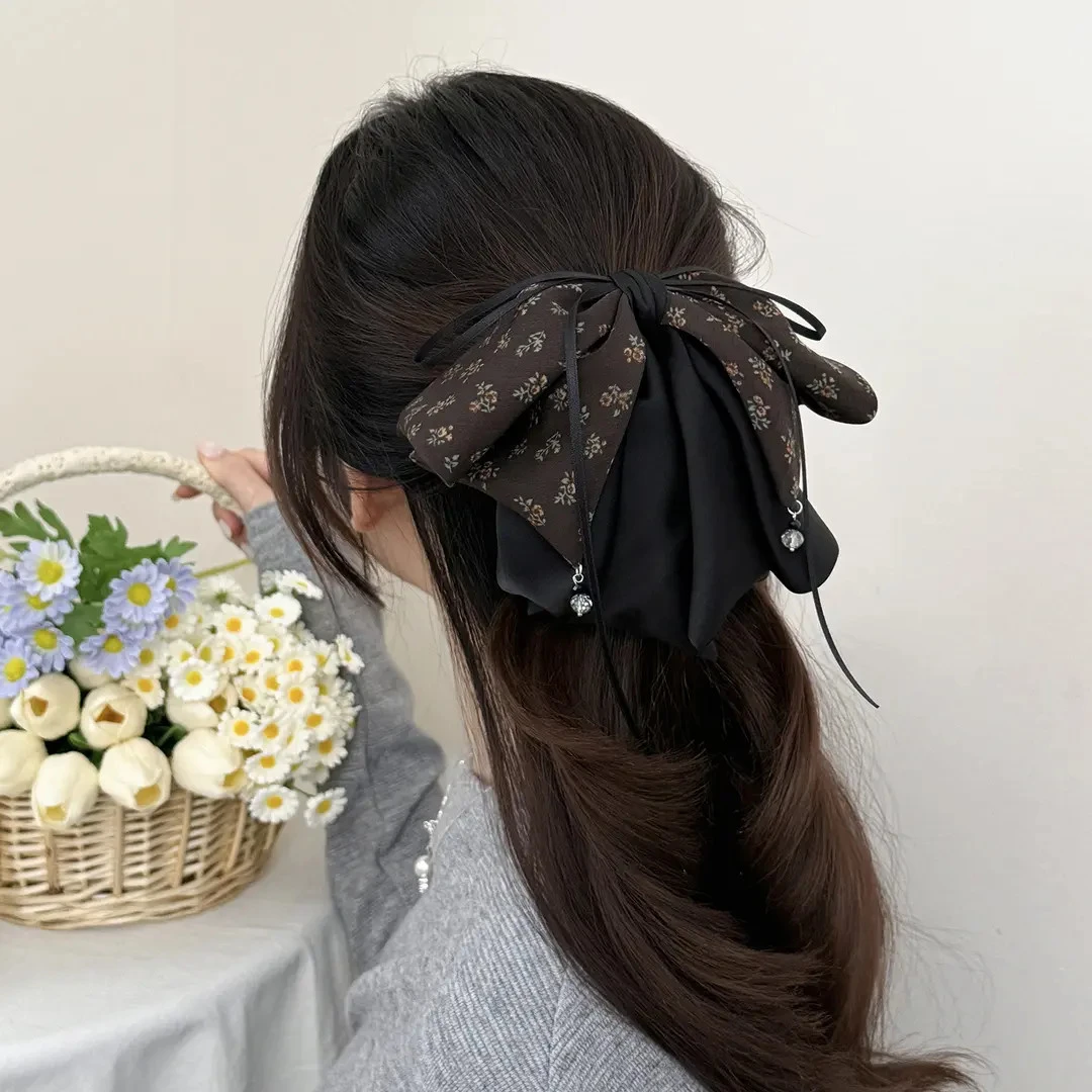 法式小清新碎花蝴蝶结发夹女2025新款高端气质飘带后脑勺半扎抓夹