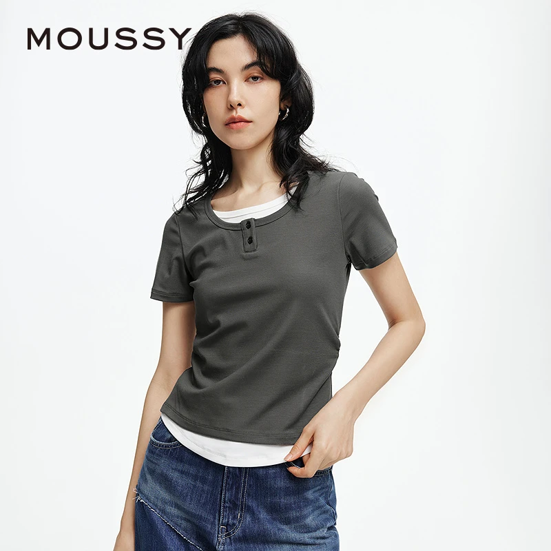 MOUSSY2025夏季新款圆领撞色拼接修身T恤028ISA80-3901
