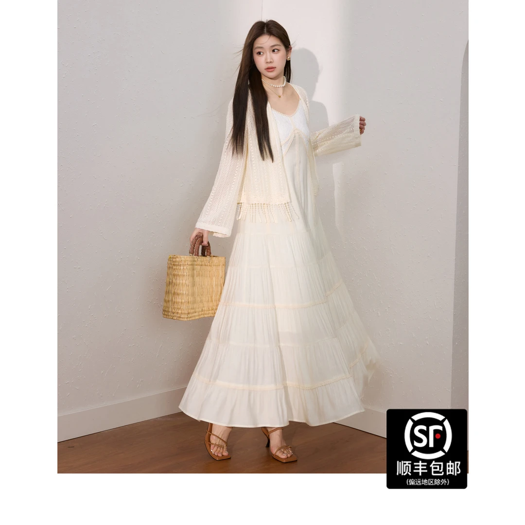 蓝语大码女装度假风温柔蕾丝拼接吊带裙流苏开衫秋新款一整套穿搭