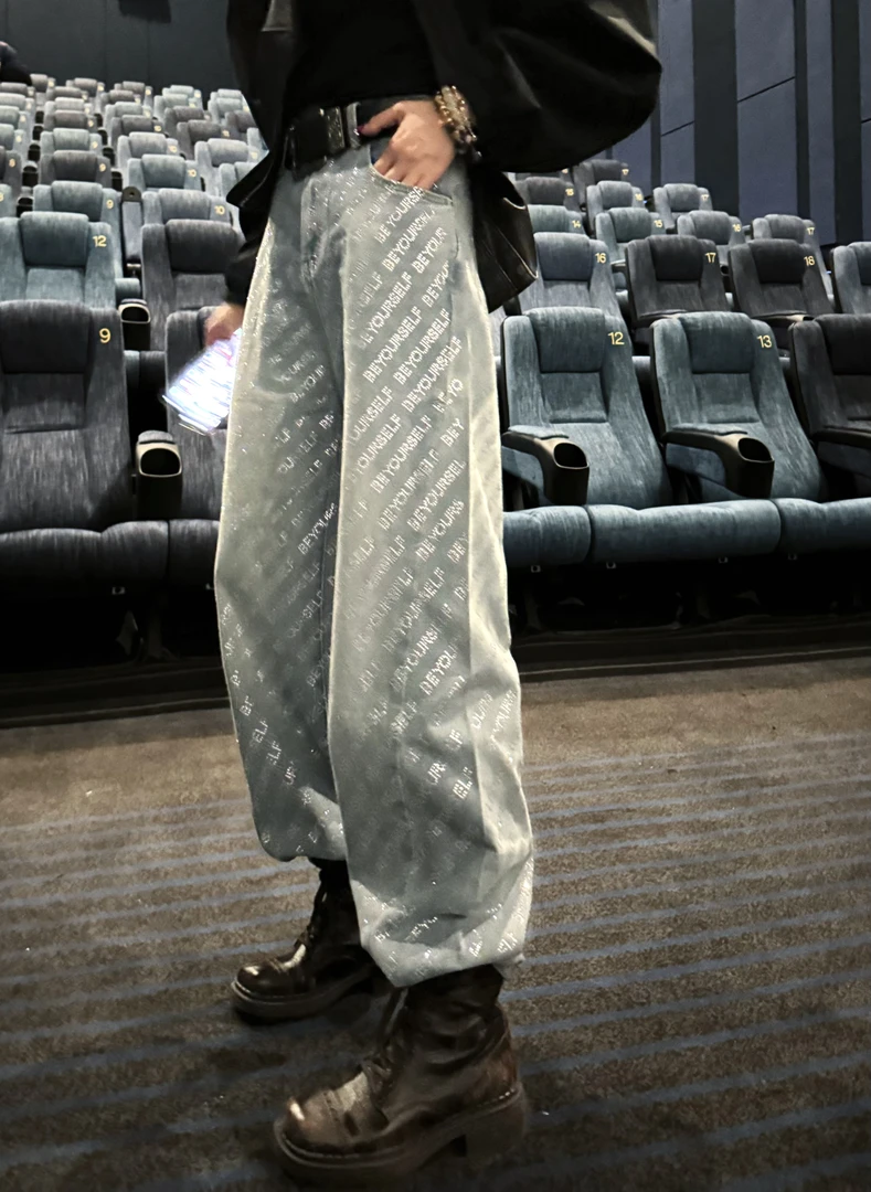 婉君【钻石蓝】夏季新款烫钻阔腿宽松百搭牛仔裤LWJ24A1K419