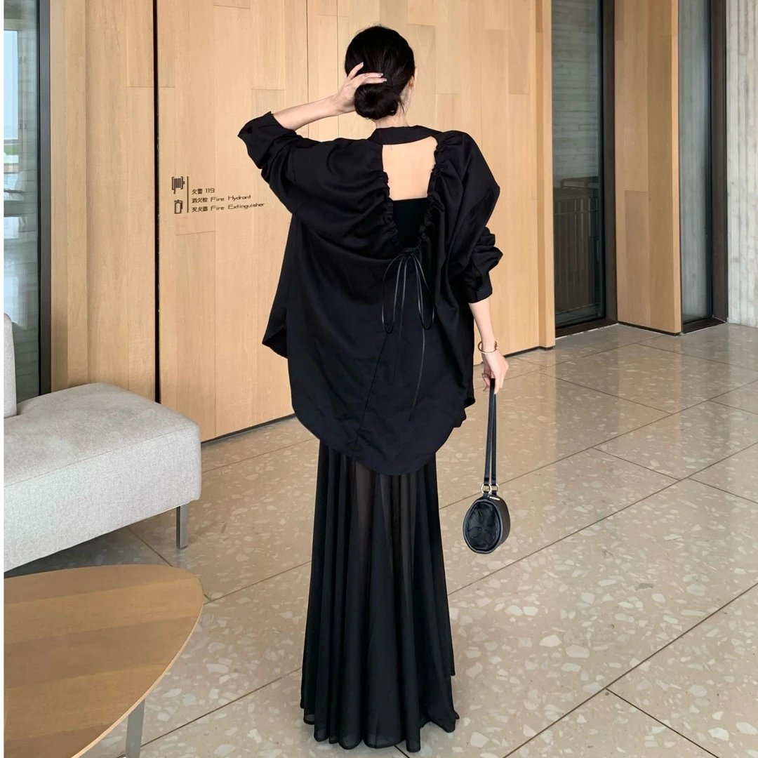 法式休闲风清纯系慵懒风白月光套装时尚宽松衬衫吊带纱裙连衣裙