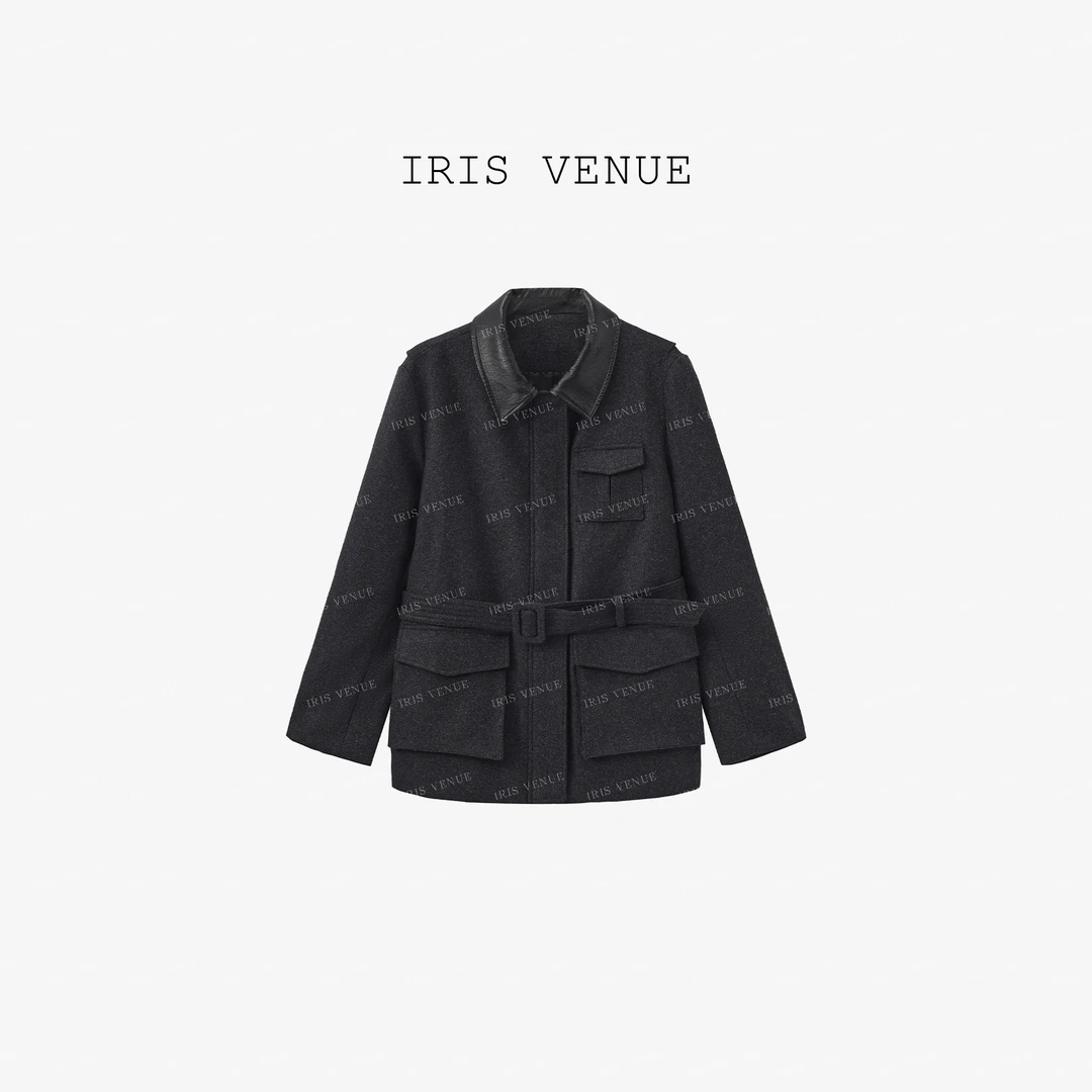 IRIS VENUE「可飒」秋季黑色翻领收腰时尚气质外套7739