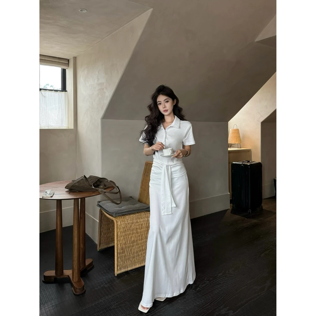 韩版慵懒风polo领系带短袖上衣套装女百搭高腰休闲大摆长裙两件套