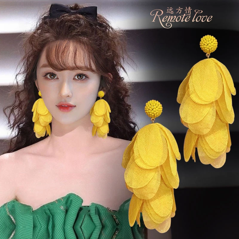 remote love/远方情 合金布艺耳饰 超仙网纱花瓣流苏耳环女E2336