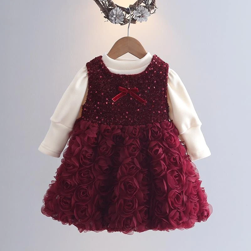 女童6-12岁长裙女孩丝绒红风格蓬松公主裙套装秋冬服装儿童圣诞蛋