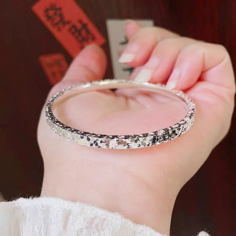 足银手镯 A15 足银999.9 三面碎冰冰银手镯  时尚简约轻奢精美