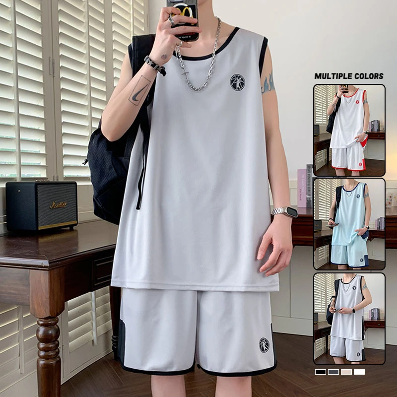 玛斯柏休闲运动套装男士夏季健身速干百搭冰丝薄款透气背心一整套