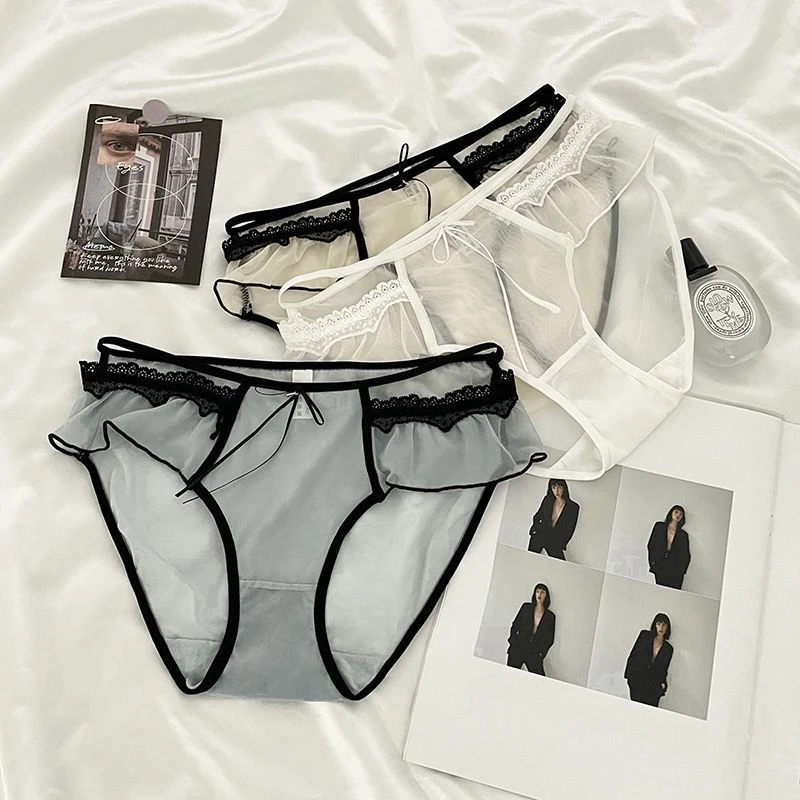 「清冷智性恋」甜欲万人迷软蕾丝荷叶边全包臀网纱微透女三角内裤