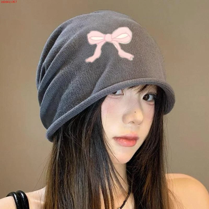 可爱蝴蝶结冷帽女春秋包头针织月子帽网红百搭堆堆帽子显脸小卷边