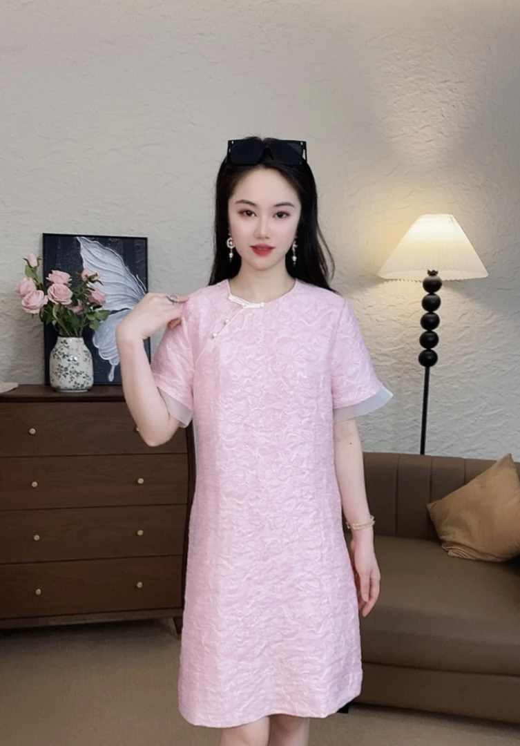 提花吊带新中式透气短袖连衣裙旗袍紫色设计师宽松泡泡袖裙子