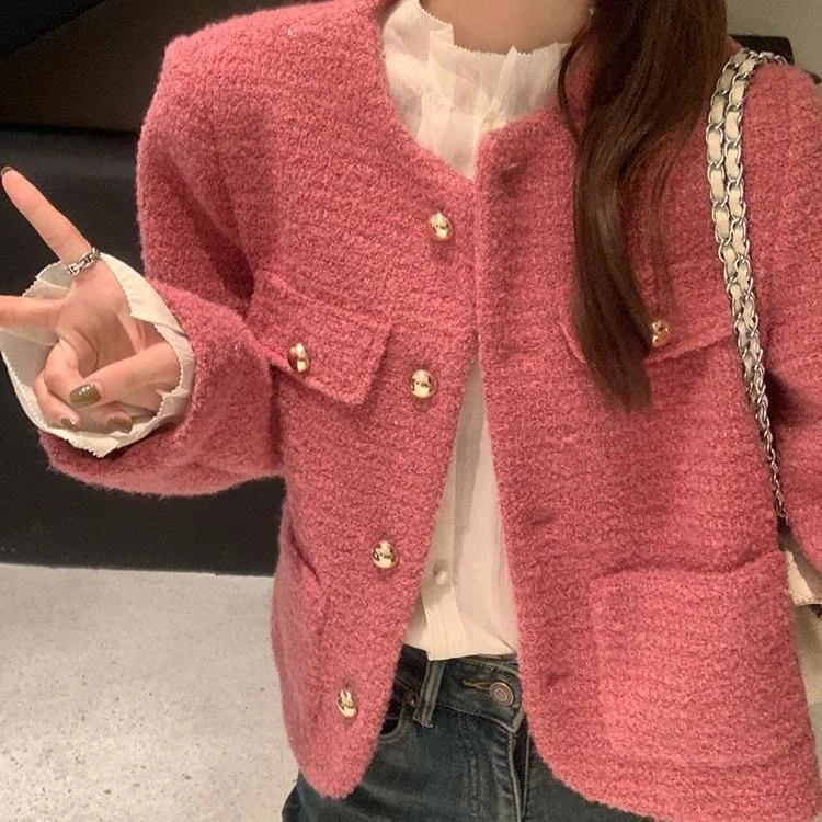 小香风树莓粉短外套女小个子2024秋冬新款宽松显瘦洋气粗花呢上衣