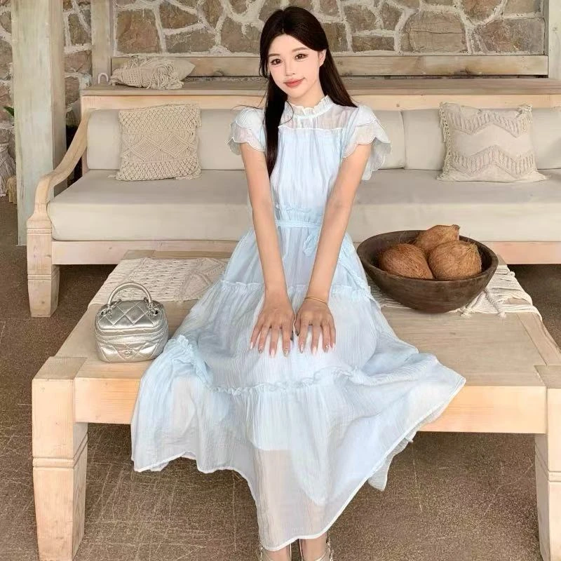 X178683-法式温柔风甜美小飞袖连木耳边衣裙女夏海边度假超仙