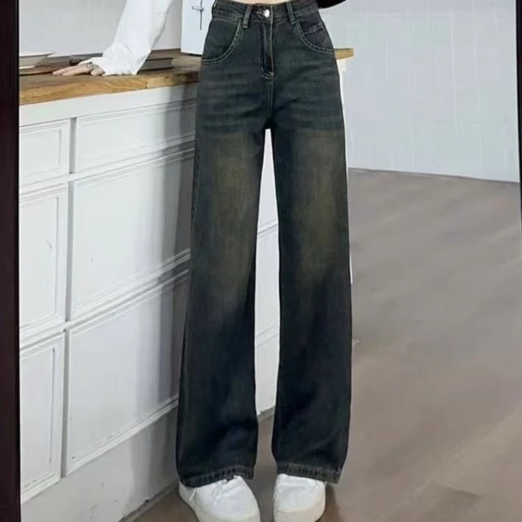 2302-1 做旧显瘦女装牛仔裤直筒宽松显瘦阔腿裤 NZK/0113