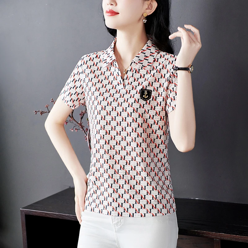 哥弟阿玛施正品桑蚕丝POLO领短袖T恤女士夏季2025新款宽松大码