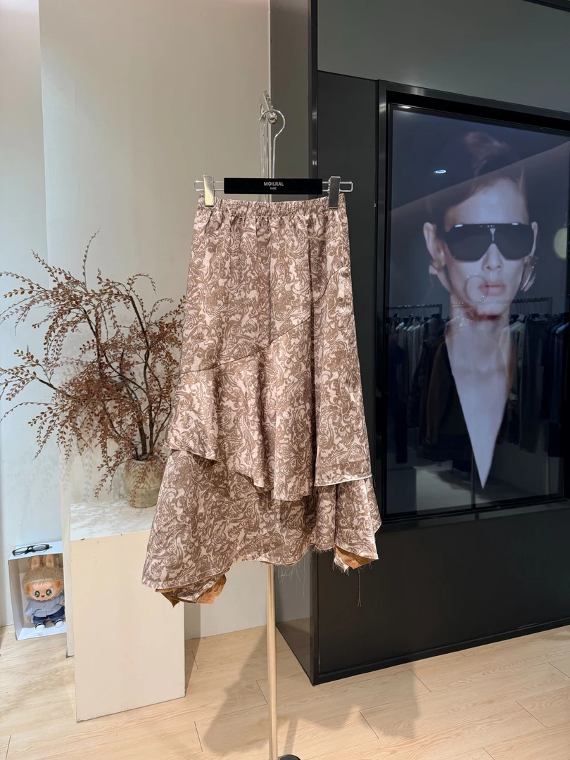 ZZ时尚百搭休闲拼接不规则中长高腰印花半身裙X1104