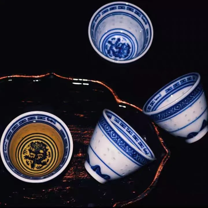 茶杯青花瓷啤酒黄酒白酒陶瓷盅景德镇传统商用老式玲珑瓷餐具