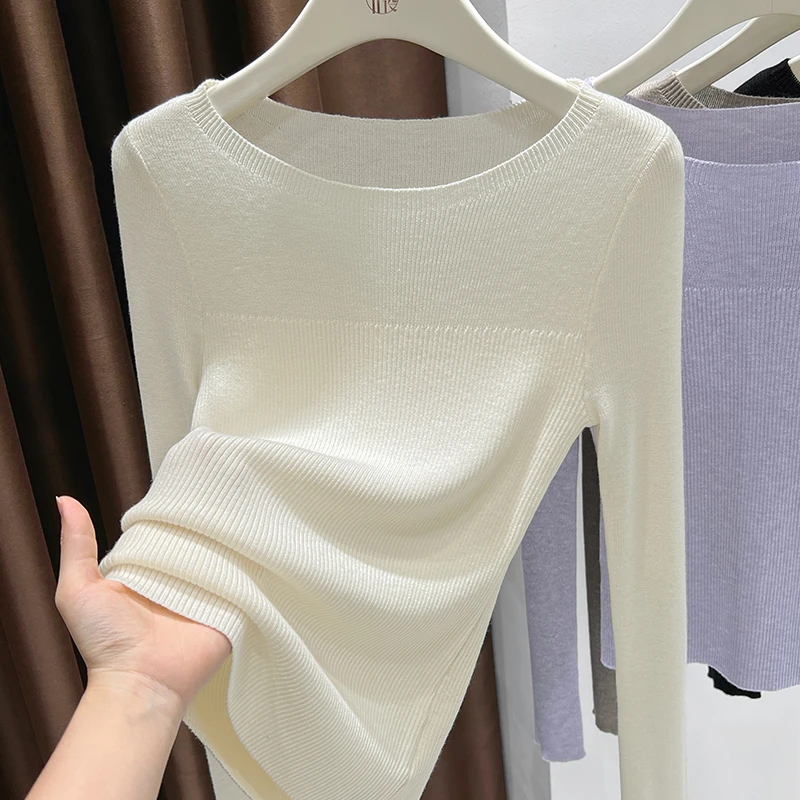 杏色圆领针织打底衫女爆款2025新款秋季长袖软糯内搭修身高档上衣